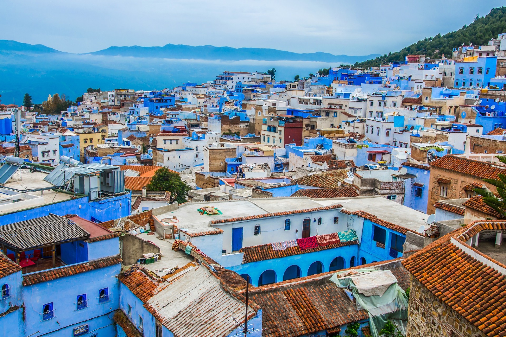 A view of the blue city of Chefchaouen in the Rif mountains Morocco 499250707