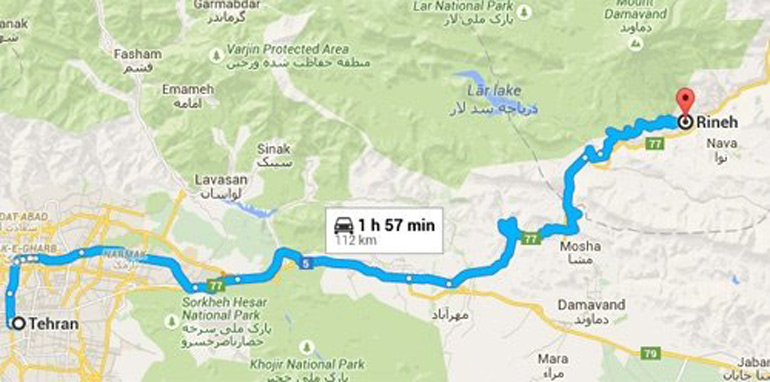 فاصله رینه تا تهران چقدر است؟
